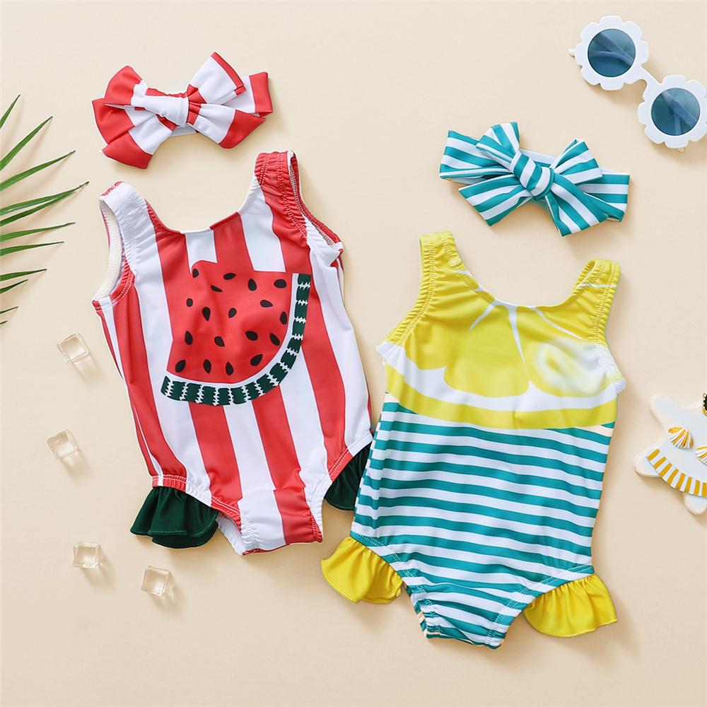 Girls Striped Watermelon Printed Sleeveless Swimwear & Headband Toddler One Piece Swimsuit