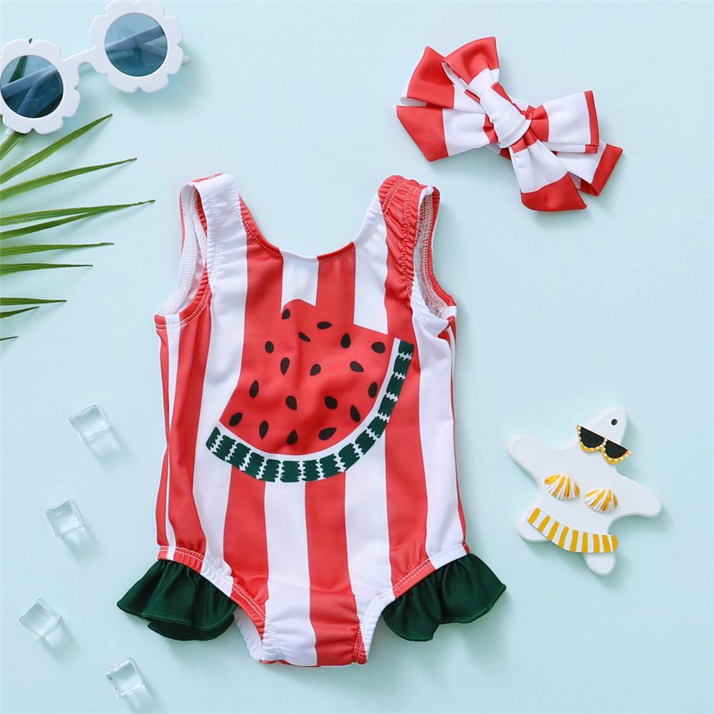 Girls Striped Watermelon Printed Sleeveless Swimwear & Headband Toddler One Piece Swimsuit
