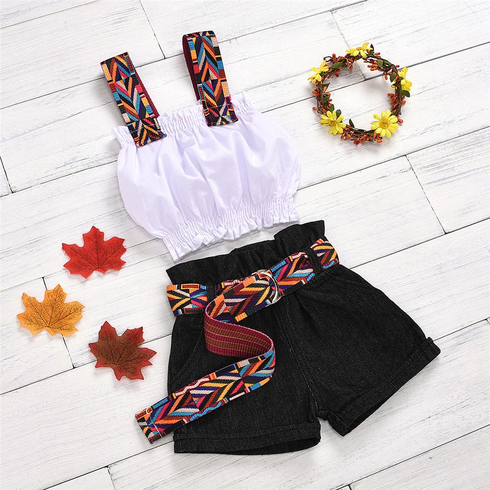Girls Summer 3PCS Tank Top & Solid Denim Shorts & Belt Kids Wholesale Clothing