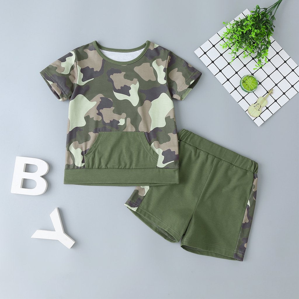 Summer Boy Suit Cross-Border Children'S Clothing Boy Scout Green Short-Sleeved T-Shirt + Shorts Two-Piece Suit Boy Clothing Wholesale