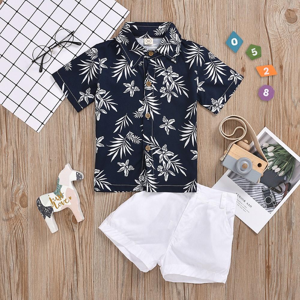 Boys Summer Boys' Lapel Print Leaf Short Sleeve Shirt & White Shorts Toddler Boy Sets