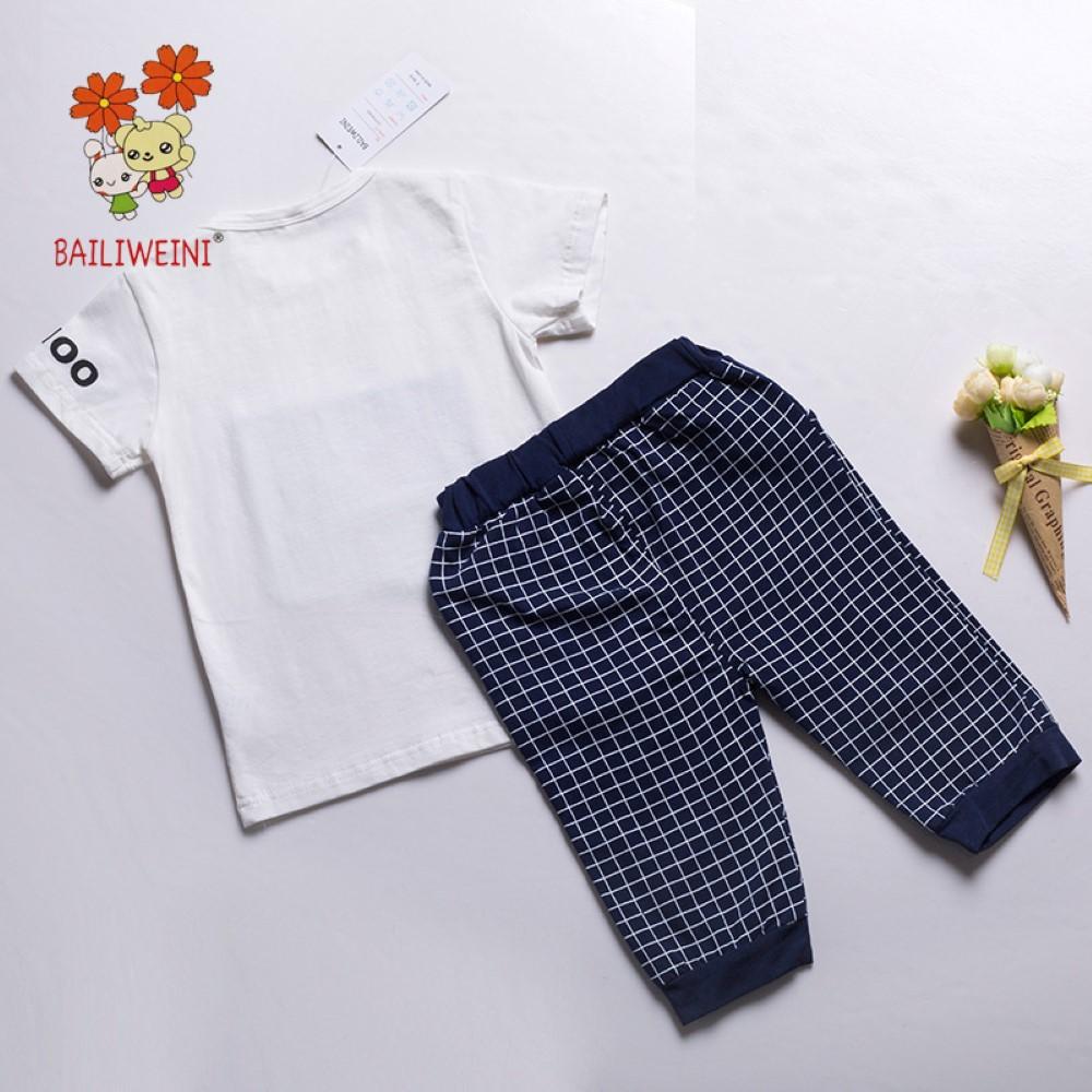 Summer Boys' Star Print Plaid Short Sleeve T-Shirt & Pants Toddler Boy Sets