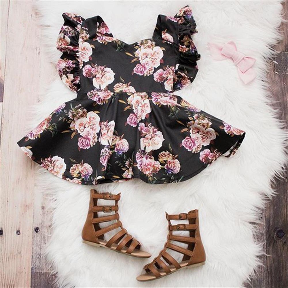 Girls Summer Floral Printed Ruffled Fashion Dress Girls Wholesale Clothes