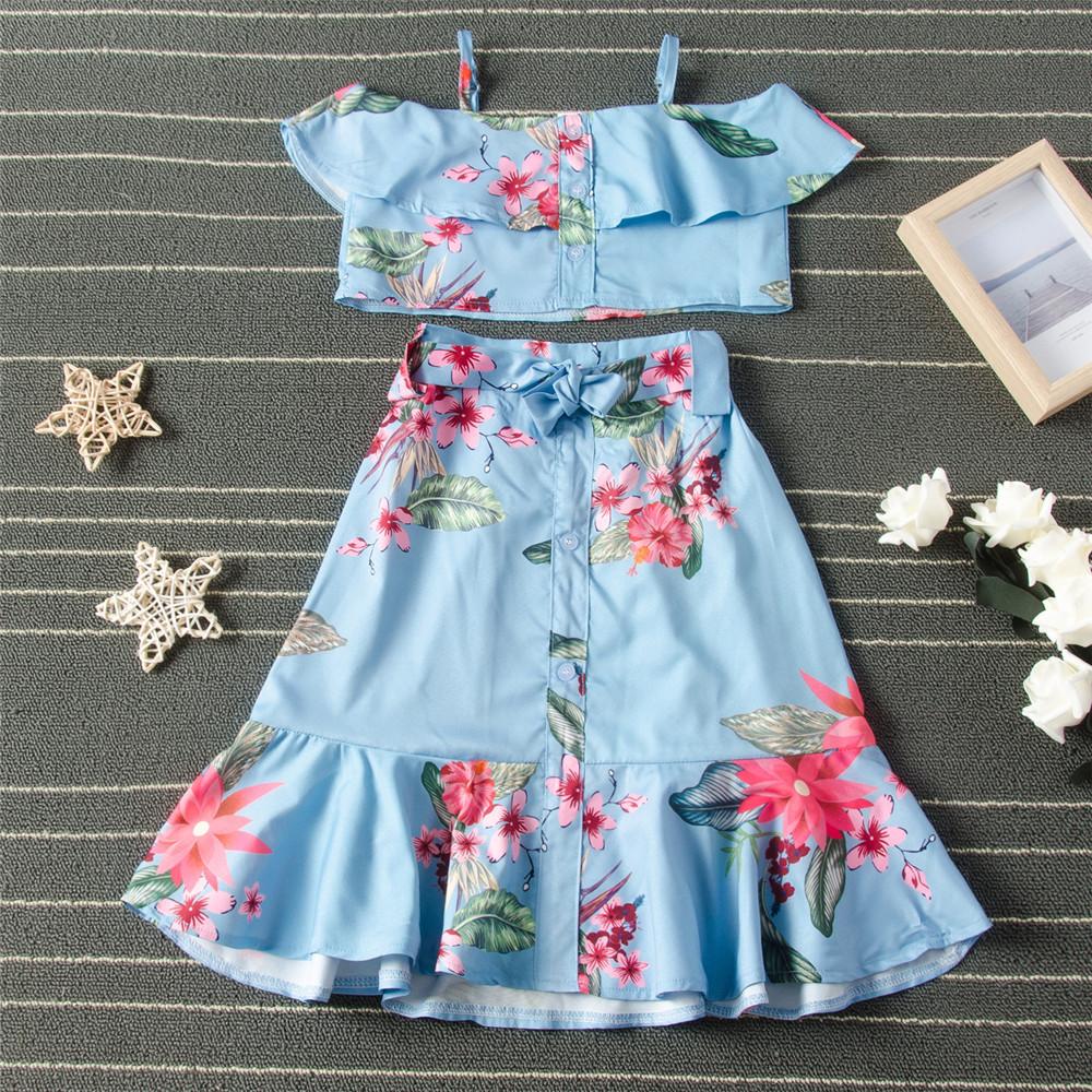 Summer Flower Printed Sling Top & Skirt Wholesale Boutique Clothing For Kids