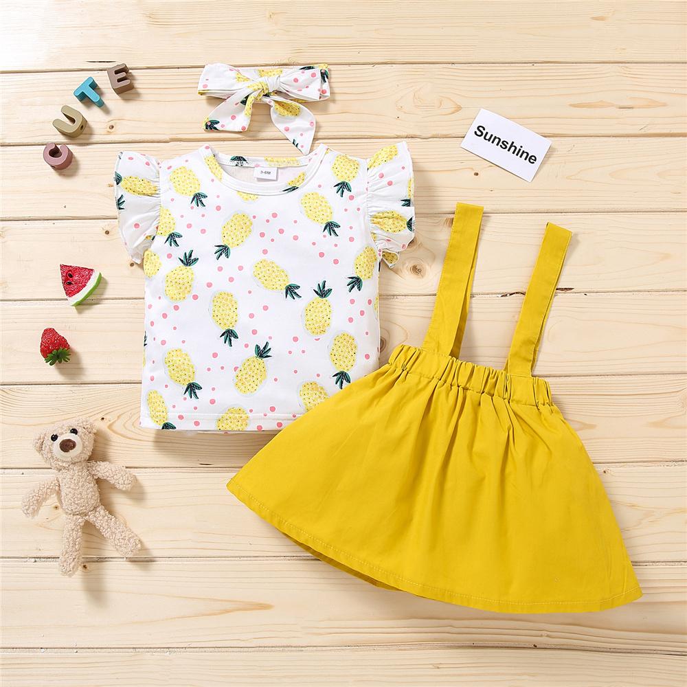 Girls Summer Fruit Printed Short Sleeve Top & Suspender Skirt & Headband Toddler Girl Wholesale Clothing