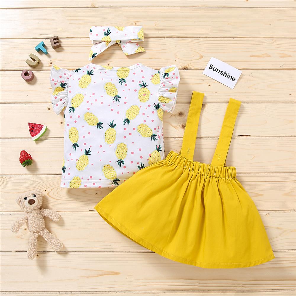 Girls Summer Fruit Printed Short Sleeve Top & Suspender Skirt & Headband Toddler Girl Wholesale Clothing