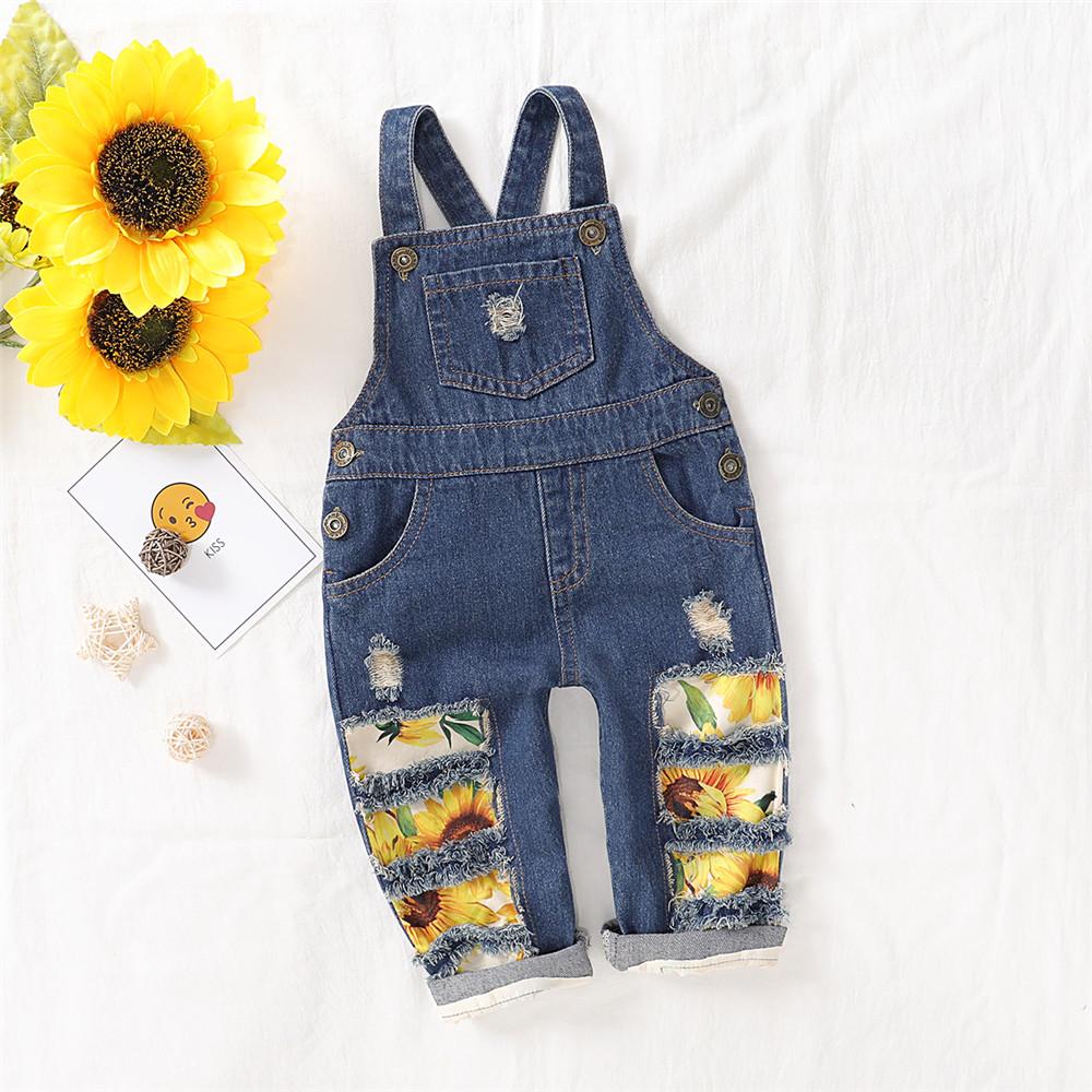 Baby Sunflower Floral Printed Pocket Denim Overalls