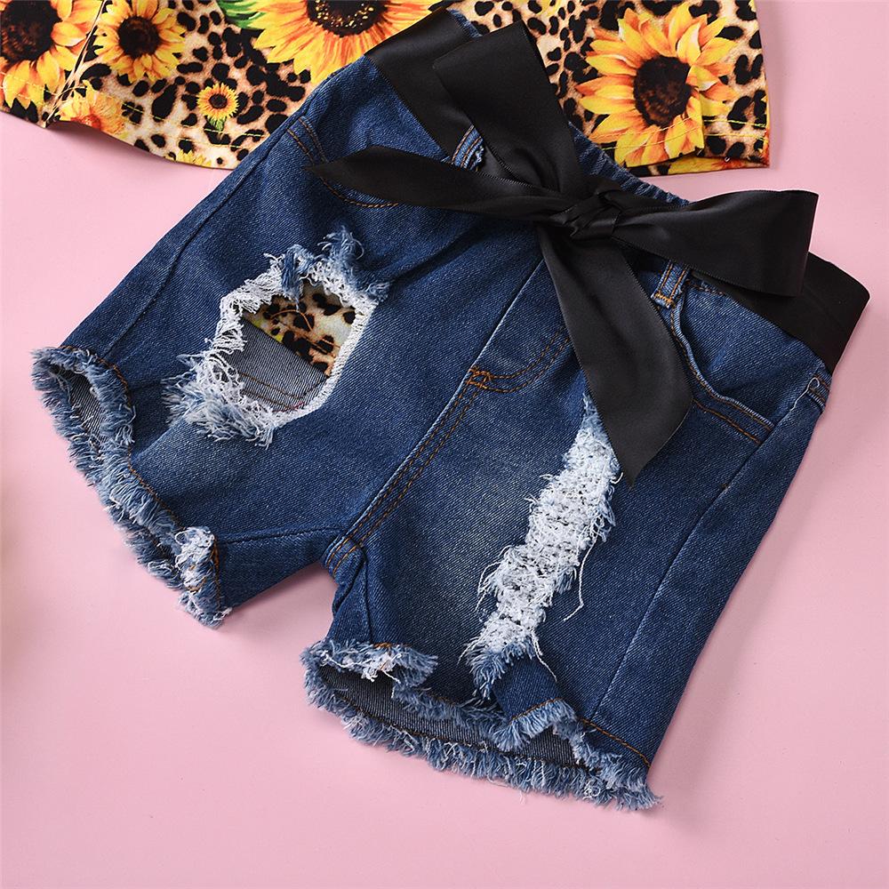 Girls Sunflower Leopard Printed Short Sleeve Top & Denim Ripped Shorts wholesale childrens clothing