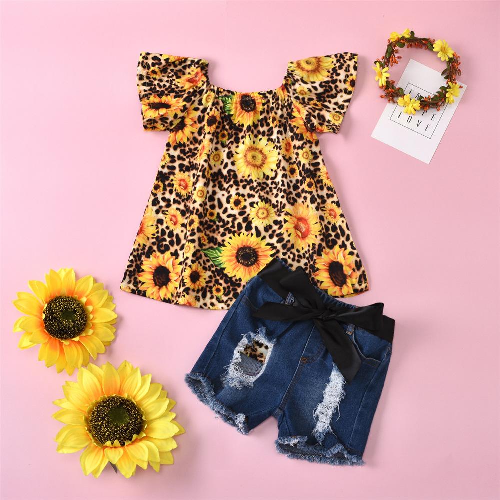 Girls Sunflower Leopard Printed Short Sleeve Top & Denim Ripped Shorts wholesale childrens clothing