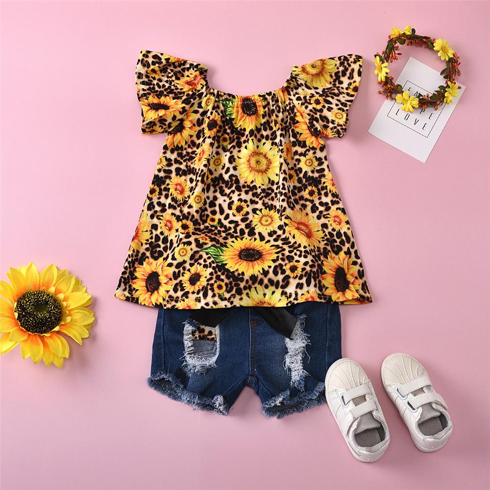 Girls Sunflower Leopard Printed Short Sleeve Top & Denim Ripped Shorts wholesale childrens clothing