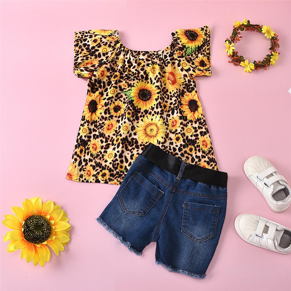 Girls Sunflower Leopard Printed Short Sleeve Top & Denim Ripped Shorts wholesale childrens clothing