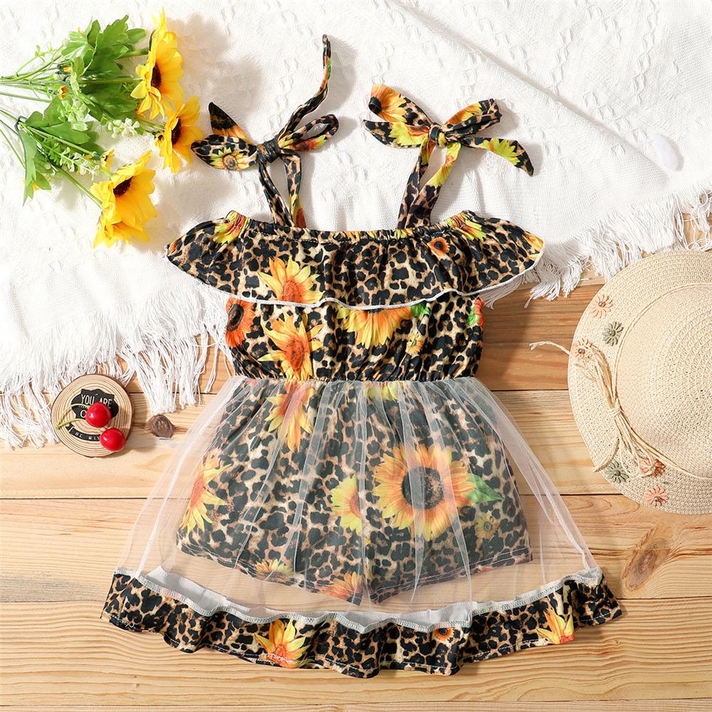 Girls Sunflower Leopard Printed Sling Mesh Dress kids clothes wholesale