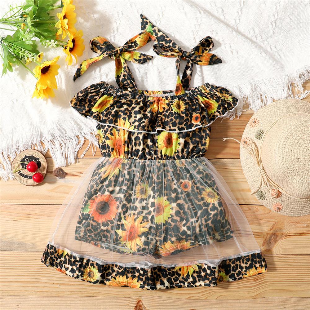 Girls Sunflower Leopard Printed Sling Mesh Dress kids clothes wholesale