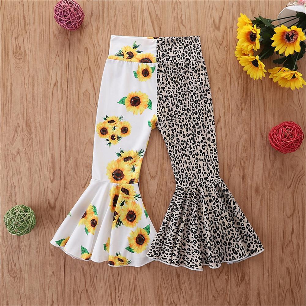 Girls Sunflower Leopard Printed Splicing Flared Pants Girls Clothing Wholesale