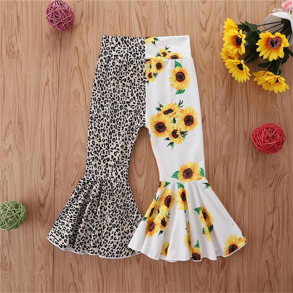 Girls Sunflower Leopard Printed Splicing Flared Pants Girls Clothing Wholesale