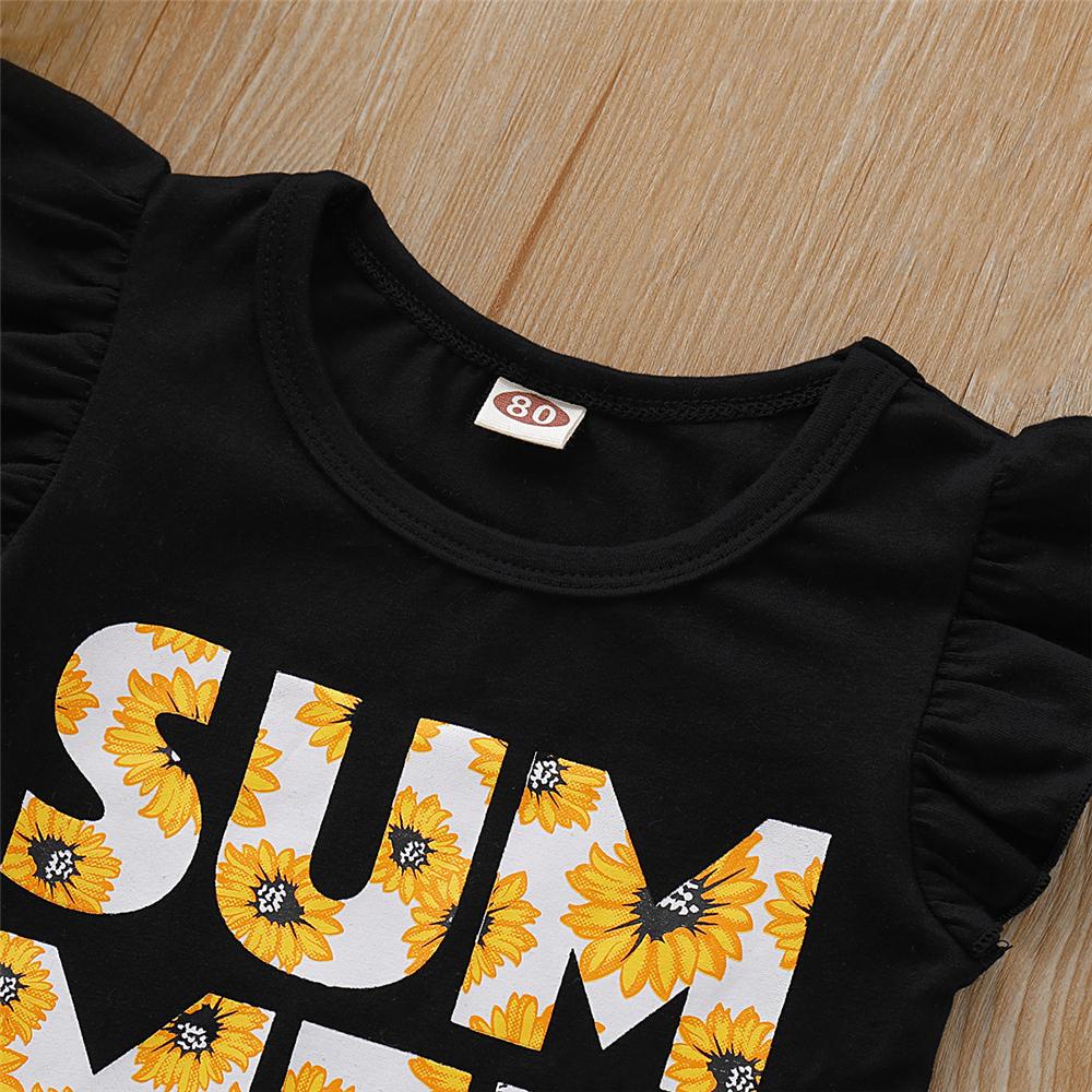 Girls Sunflower Letter Summer Printed Flutter-Sleeve Top & Shorts wholesale childrens clothing online