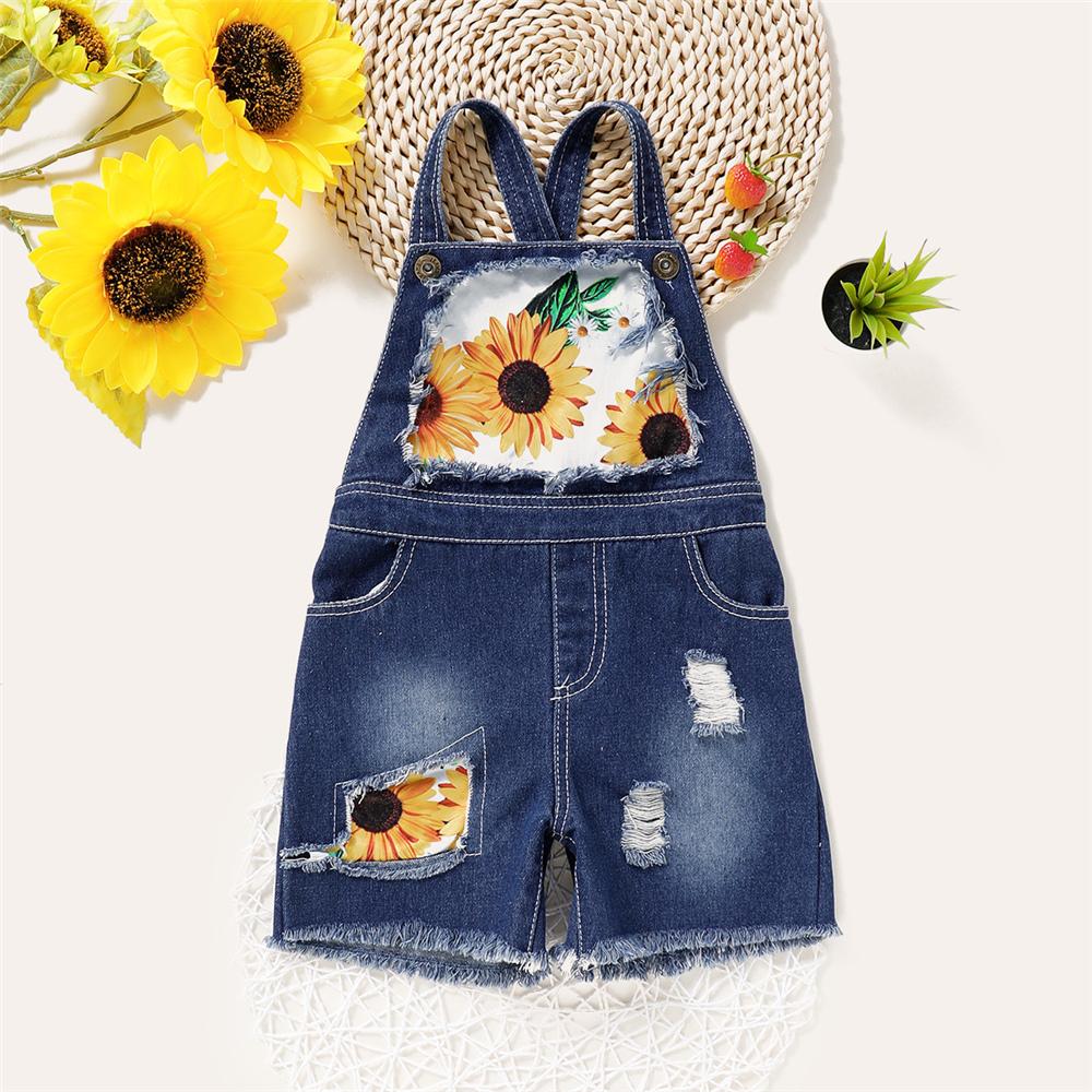 Girls Sunflower Printed Pocket Denim Jumpsuit kids clothing wholesale