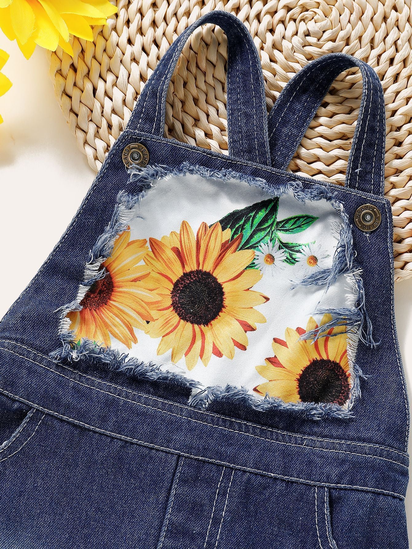 Girls Sunflower Printed Pocket Denim Jumpsuit kids clothing wholesale