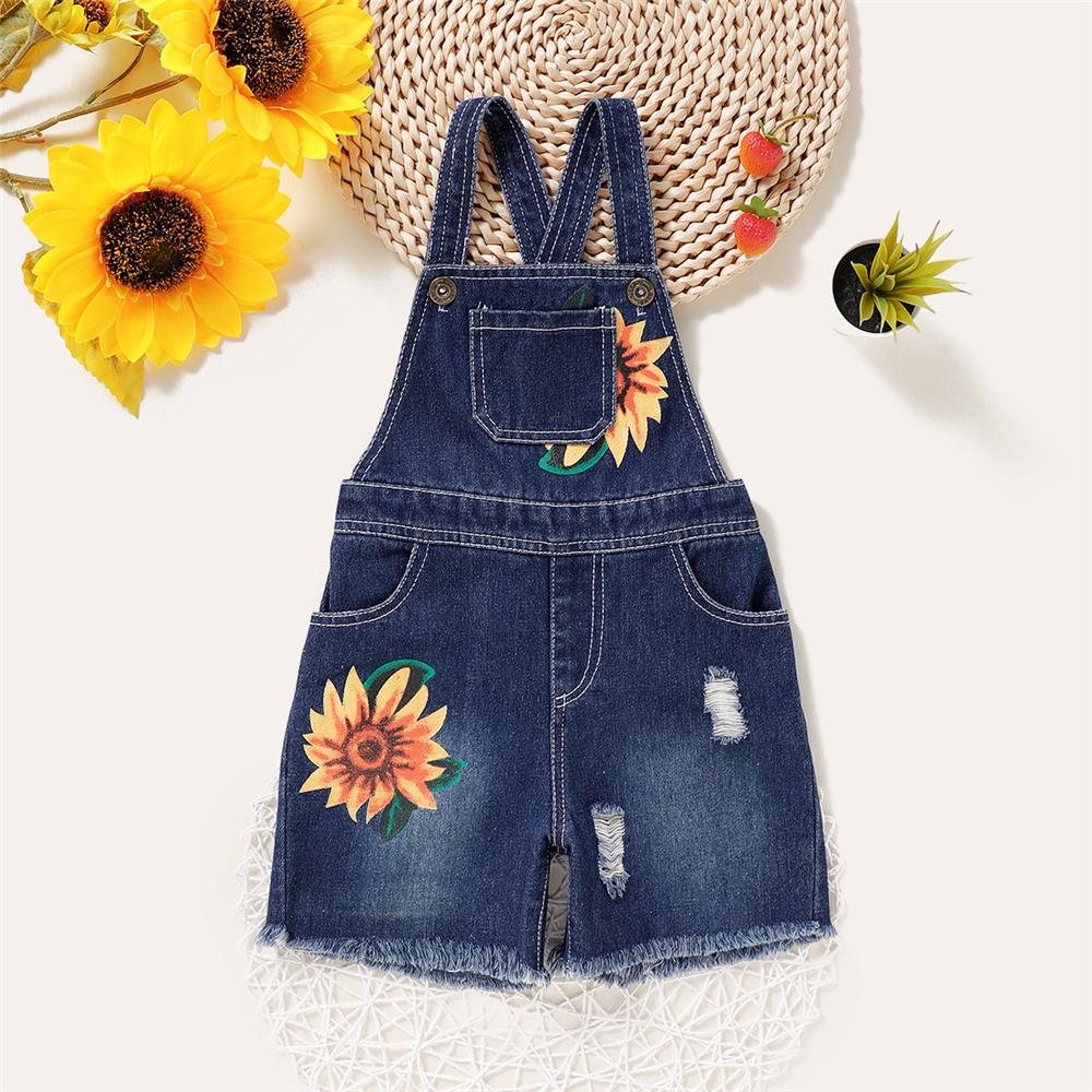 Girls Sunflower Printed Pocket Denim Jumpsuit kids clothing wholesale