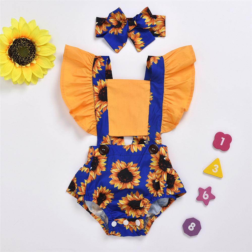 Baby Girls Sunflower Printed Ruffled Tie Up Romper & Headband Baby Boutique Clothing Wholesale