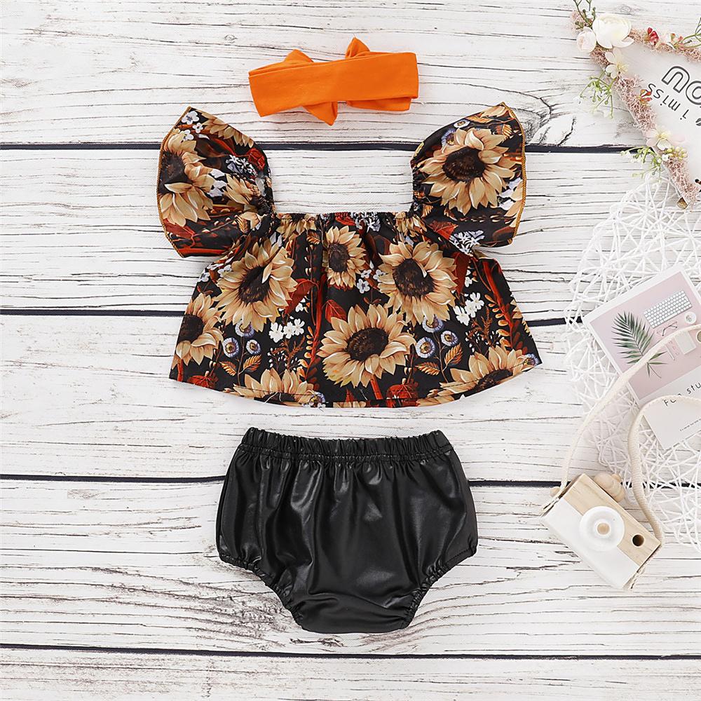 Baby Girls Sunflower Printed Short Sleeve Top & PU Shorts Wholesale Baby Clothes