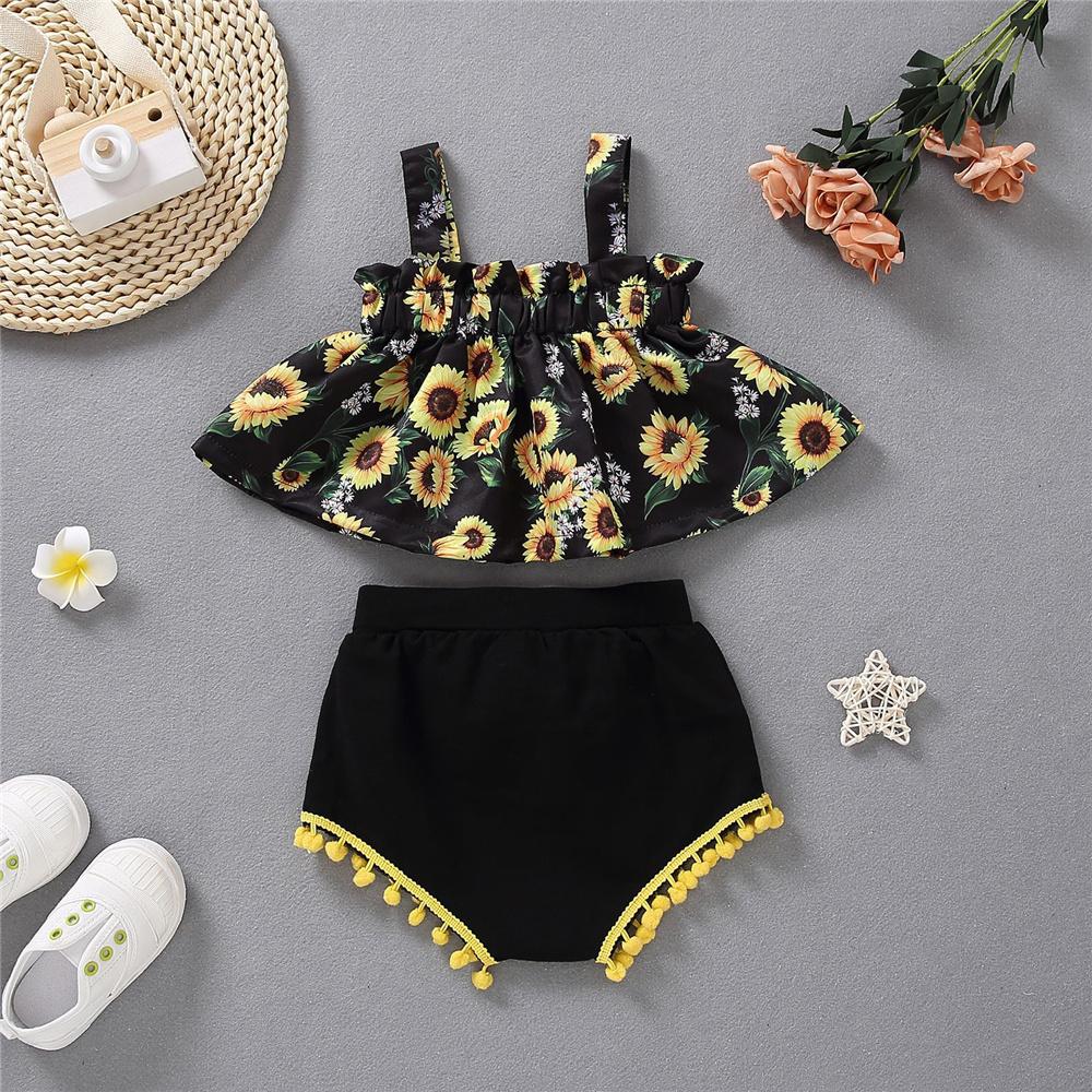 Baby Girls Sunflower Printed Sling Top & Bow Decor Shorts wholesale baby clothes