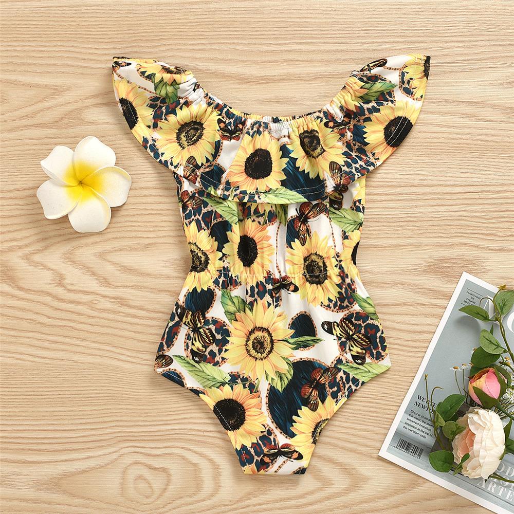 Girls Sunflower Printed Swimwear Toddler One Piece Swimsuit