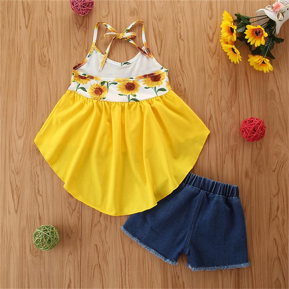 Girls Sunflower Printed Tie Up Dress & Denim Shorts Wholesale Girls Clothing