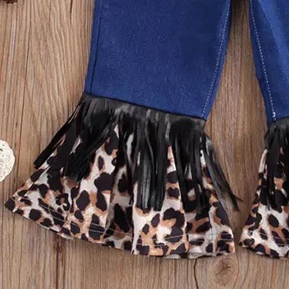 Girls Tassel Leopard Printed Pocket Flared Jeans Wholesale Boutique Clothes For Kids