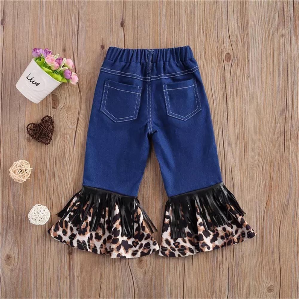 Girls Tassel Leopard Printed Pocket Flared Jeans Wholesale Boutique Clothes For Kids