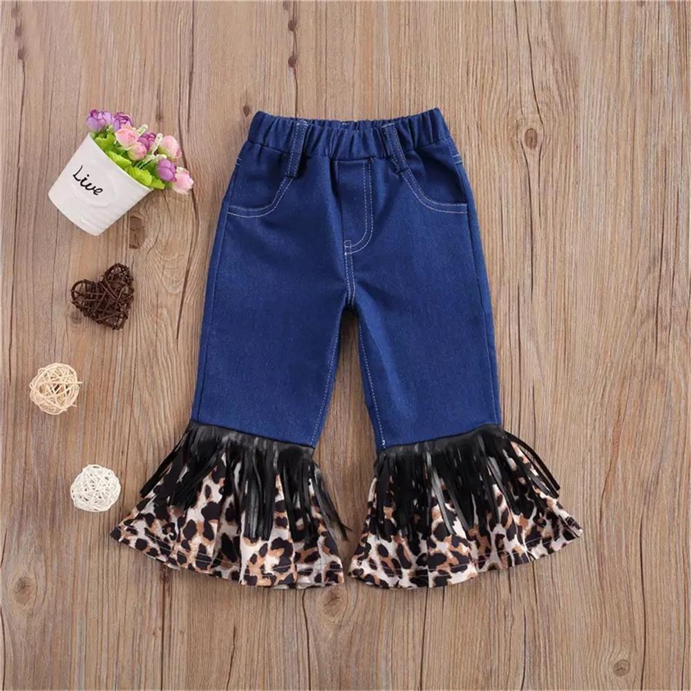 Girls Tassel Leopard Printed Pocket Flared Jeans Wholesale Boutique Clothes For Kids