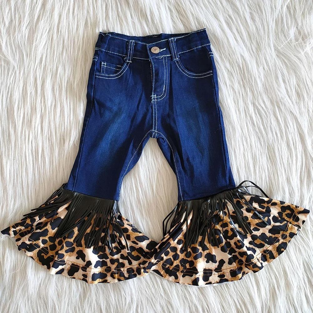 Girls Tassel Leopard Printed Pocket Flared Jeans Wholesale Boutique Clothes For Kids