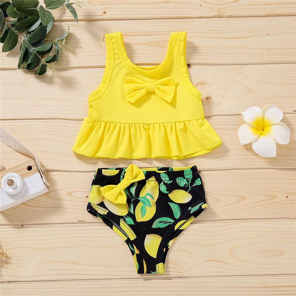Baby Girls Tassel Polka Dot Fruit Printed Bow Decor Swimsuit 2 Piece Swimsuit With Shorts