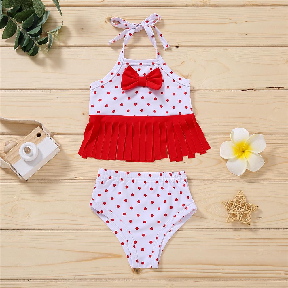 Baby Girls Tassel Polka Dot Fruit Printed Bow Decor Swimsuit 2 Piece Swimsuit With Shorts