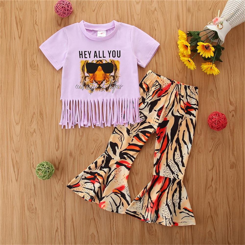 Baby Girls Tassel Tiger Letter Printed Short Sleeve Top & Bell Trousers wholesale childrens clothing