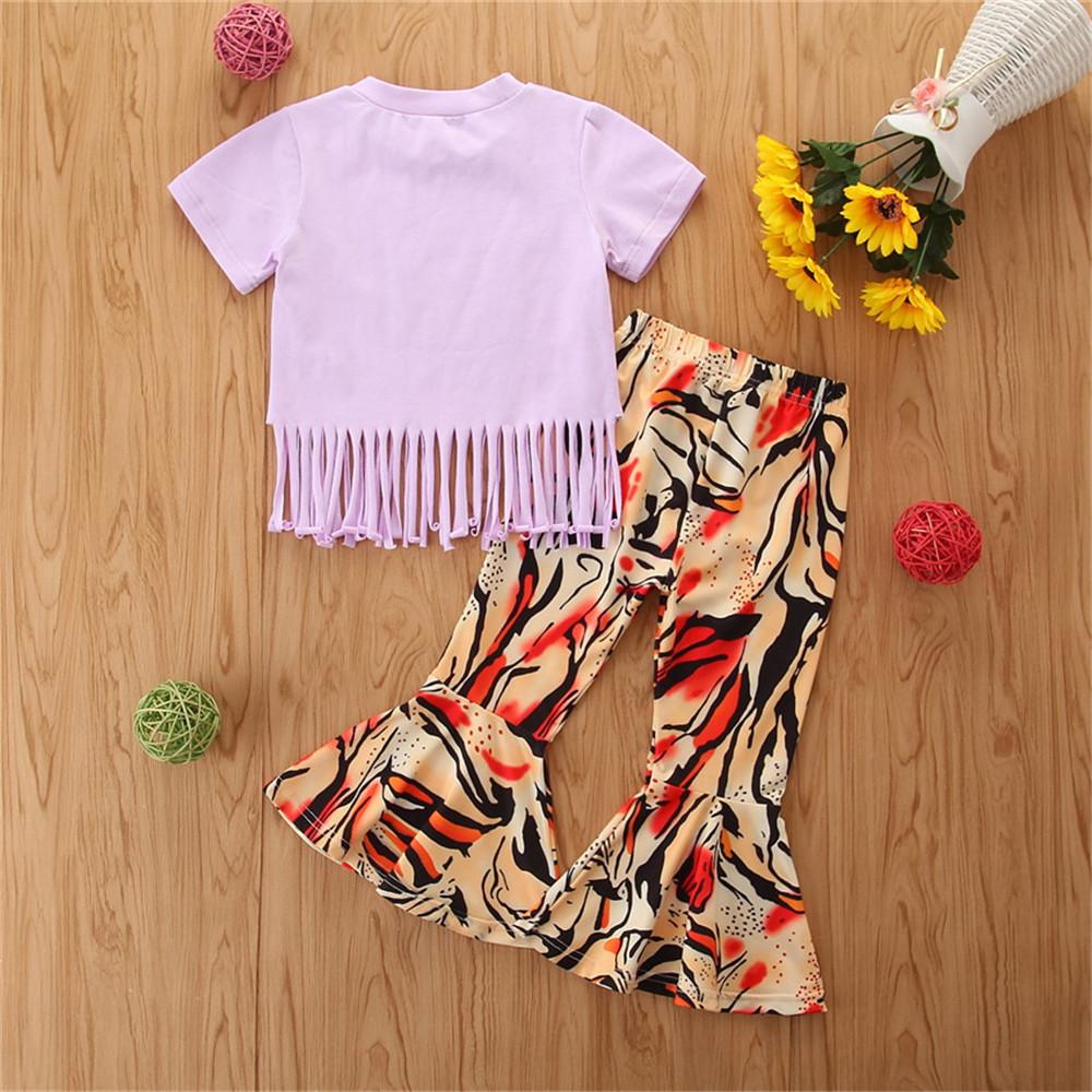 Baby Girls Tassel Tiger Letter Printed Short Sleeve Top & Bell Trousers wholesale childrens clothing