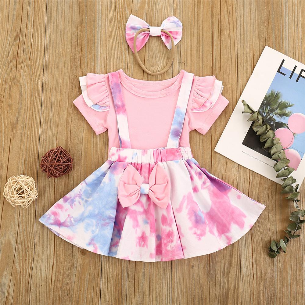 Girls Tie Dye Short Sleeve Top & Suspender Skirt & Headband Wholesale Girl Clothing