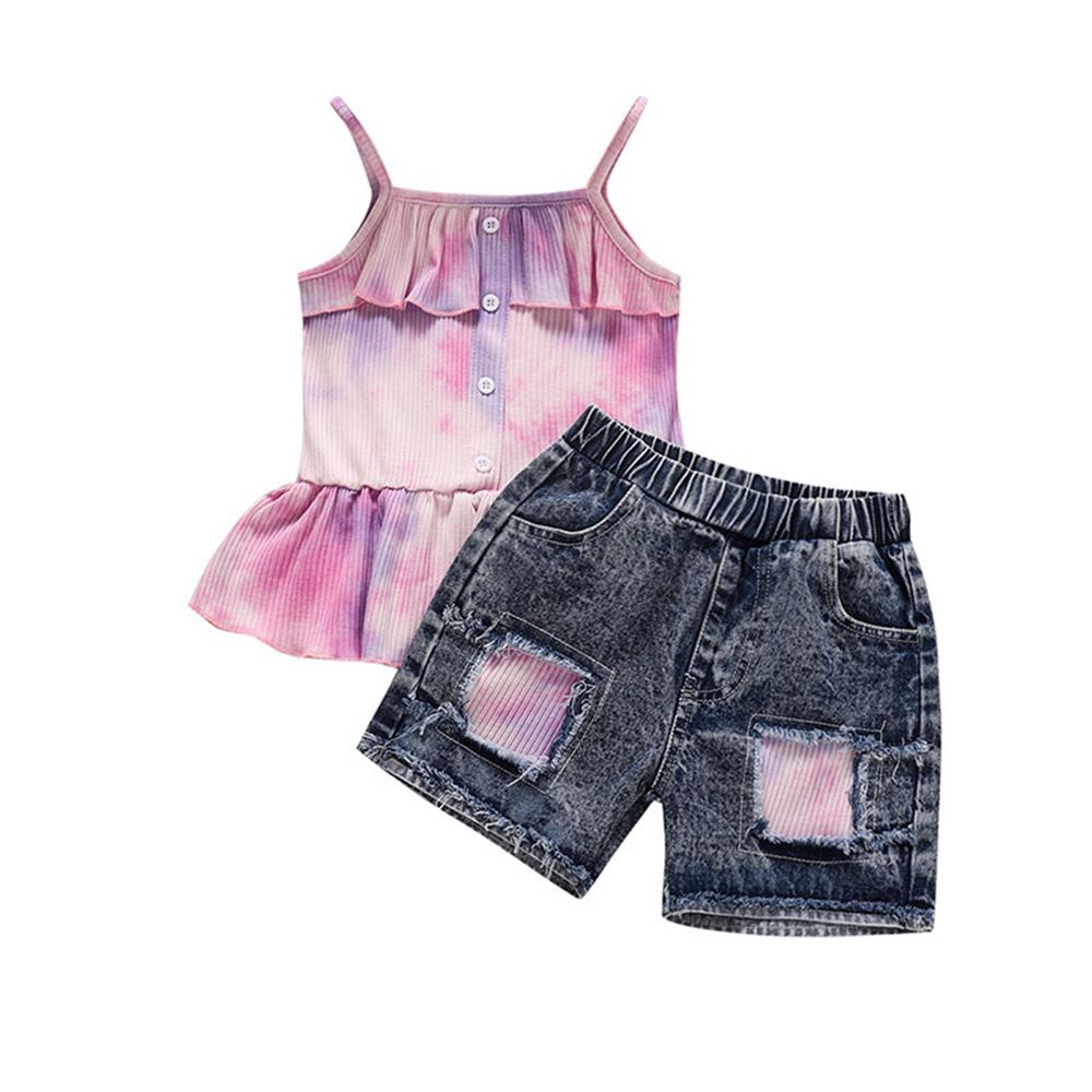 Girls Tie Dye Sling Top & Denim Shorts wholesale kids boutique clothing