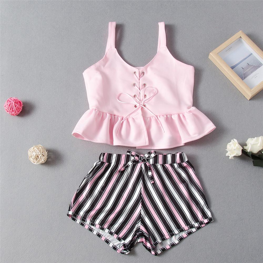 Girls Tie Up Solid Tank Top & Striped Shorts Wholesale Boutique Clothes For Kids
