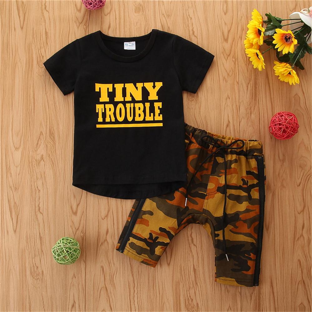 Boys Tiny Trouble Printed Short Sleeve Top & Camo Shorts Wholesale Boys Clothes