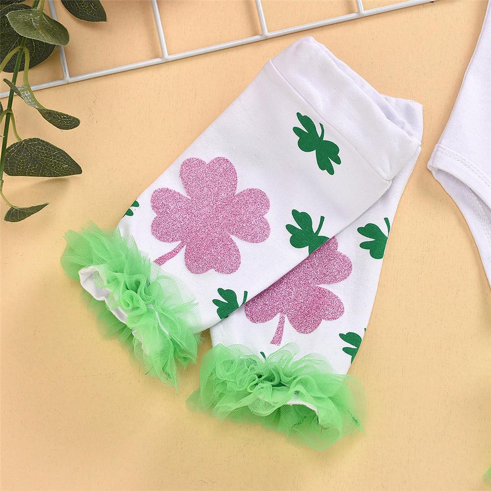 Baby Girls Too Cute To Pinch Clover Printed Short Sleeve Romper & Tutu & Foot Cover & Headband Wholesale