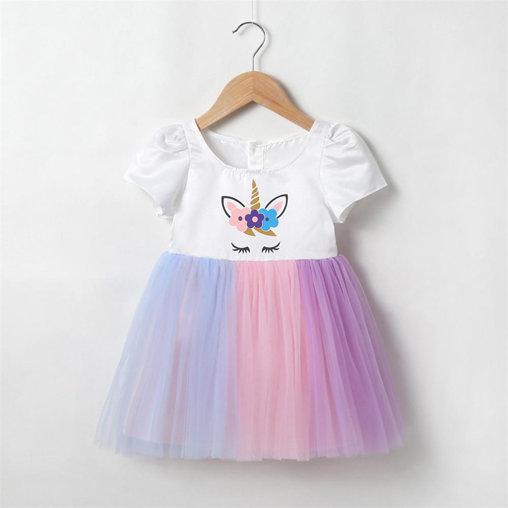 Baby Girls Unicorn Printed Short Sleeve Mesh Princess Dresses baby clothes wholesale usa