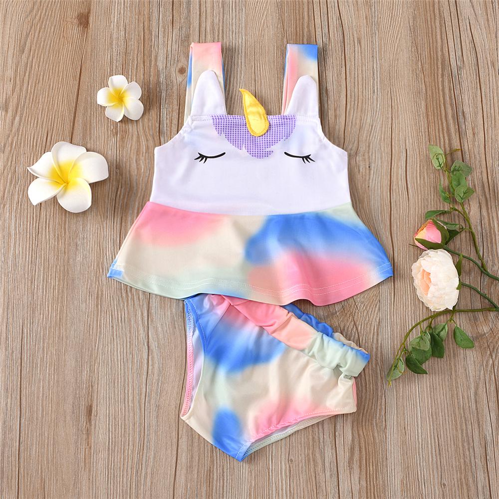 Girls Unicorn Shy Eyelash Rainbow Printed Swimming Suit 2 Piece Swimsuit With Shorts
