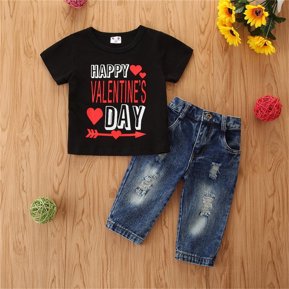 Unisex Valentine's Day Printed Short Sleeve Top & Jeans Wholesale Children'S Boutique Clothing Suppliers Usa