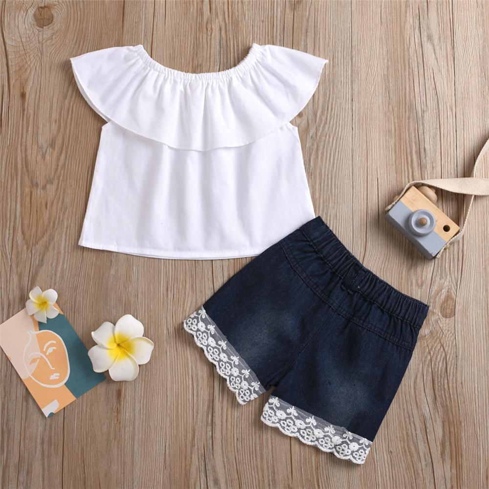 Girls White Sleeveless Top & Lace Denim Shorts kids clothing wholesale