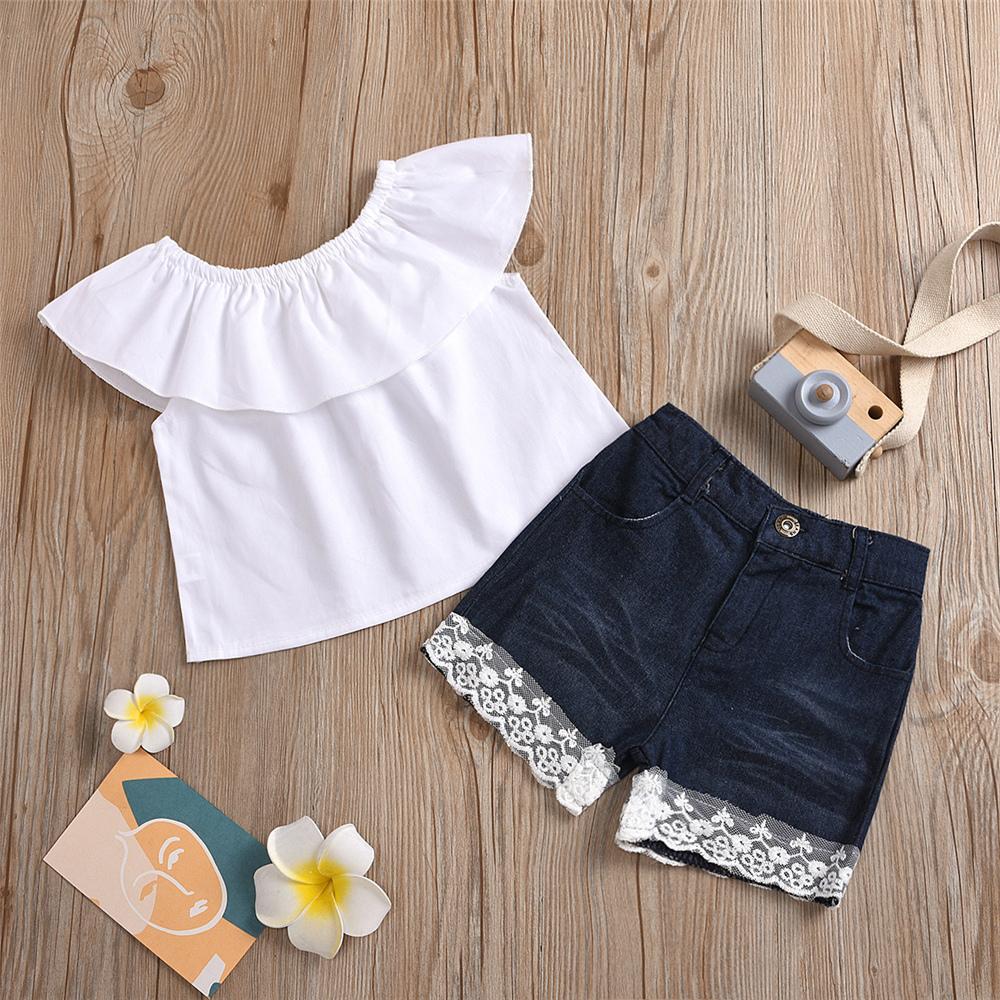 Girls White Sleeveless Top & Lace Denim Shorts kids clothing wholesale