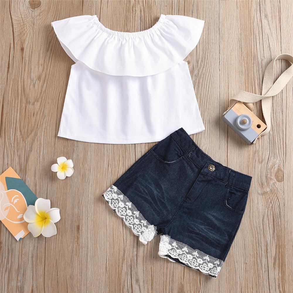 Girls White Sleeveless Top & Lace Denim Shorts kids clothing wholesale