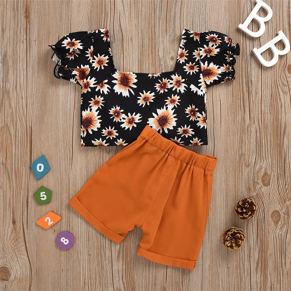 Girls Shorts Sleeve Backless Sunflower Printed Top & Shorts wholesale girls clothes