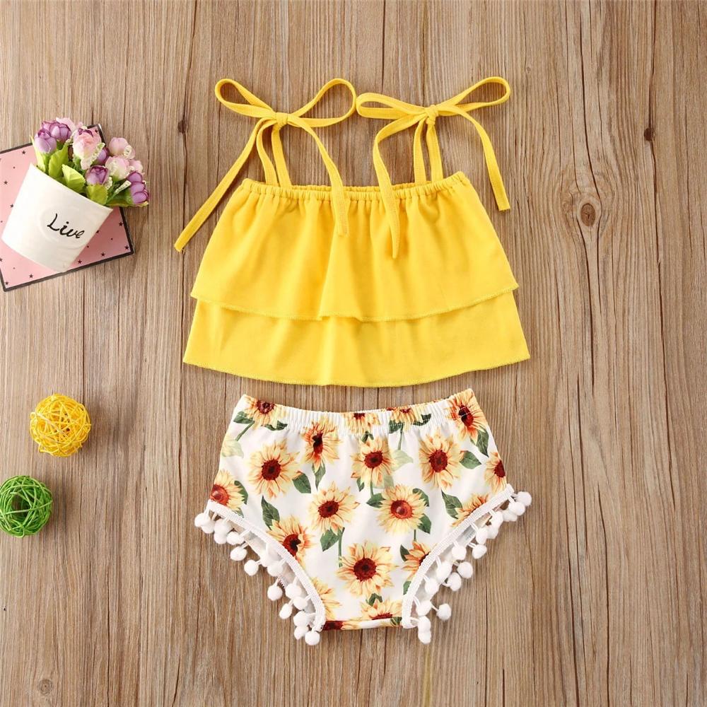 Baby Girls Yellow Sling Top & Sunflower Printed Shorts Wholesale Baby Clothes