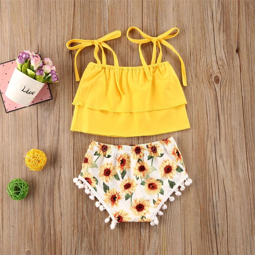 Baby Girls Yellow Sling Top & Sunflower Printed Shorts Wholesale Baby Clothes